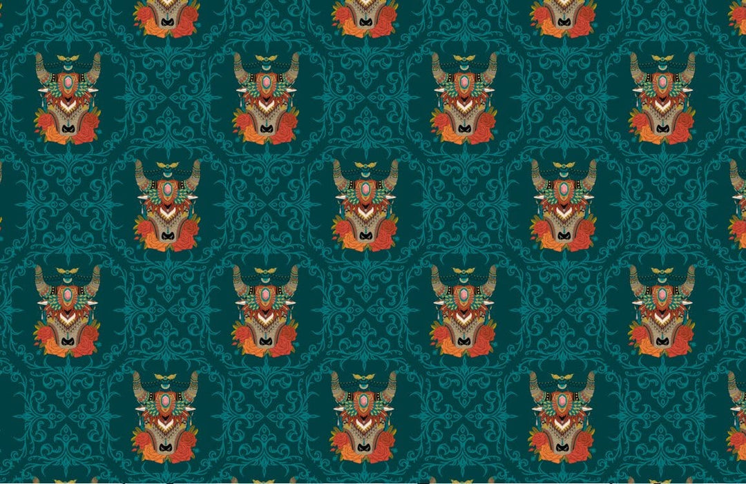 Vintage Teal Heraldic Deer Pattern Wallpaper - Elegant Classic Décor Design