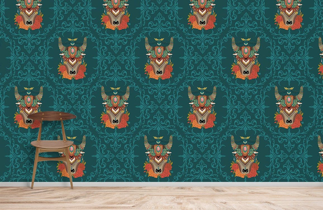 Vintage teal heraldic deer wallpaper with wooden chair, light wooden flooring, classic elegant Décor design.