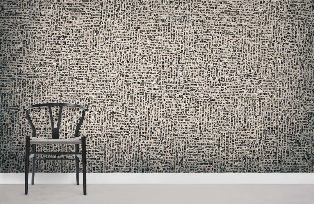 Vintage Textual Maze grey wallpaper, minimalist room with black chair, grey flooring, modern decor style.