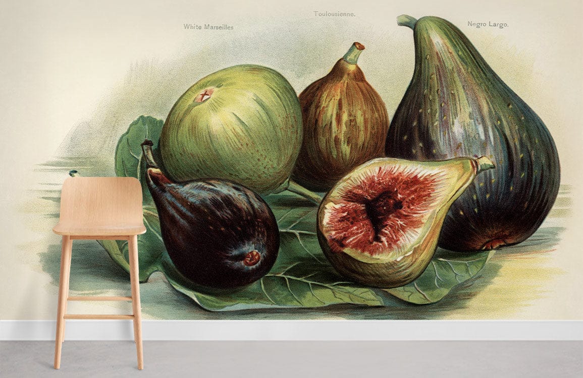 Vintage botanical fig mural wallpaper in earthy tones, featuring wooden chair, light wall, modern style.