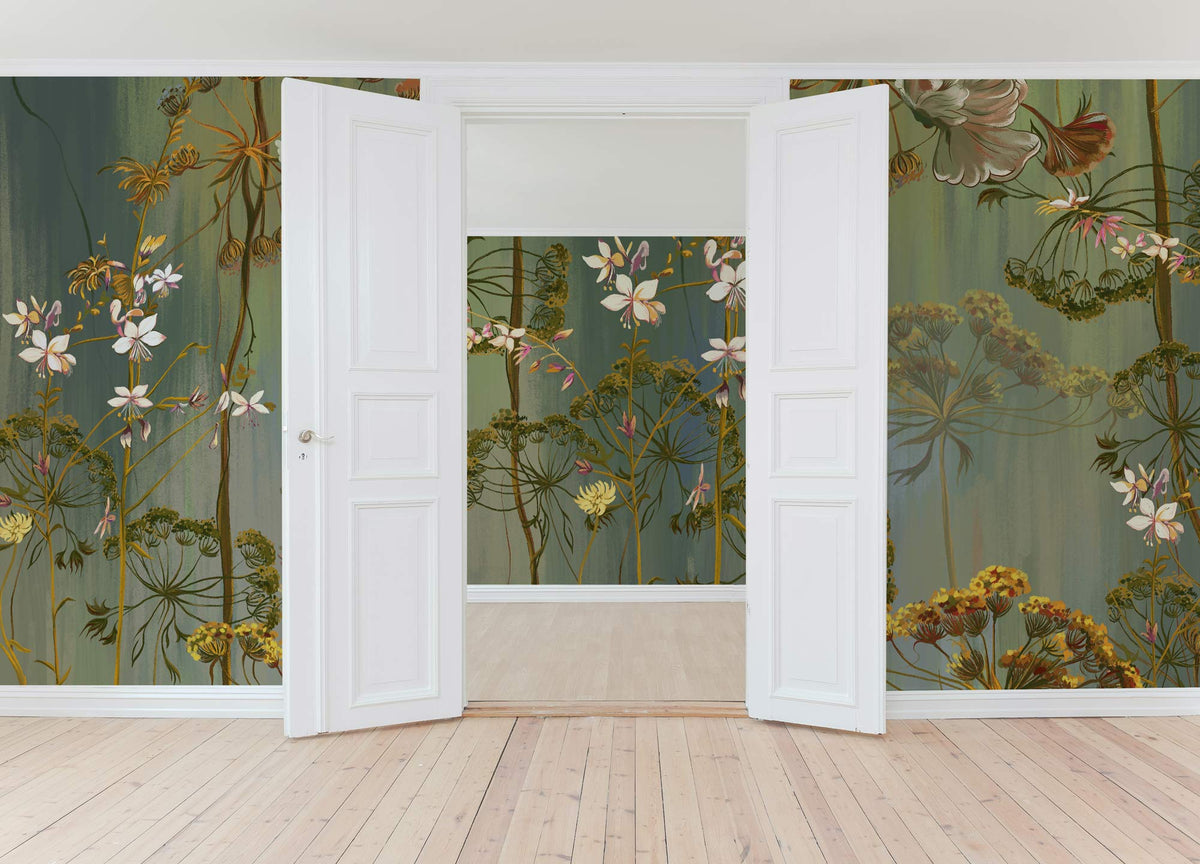 Botanical Dreamscape green floral vintage mural wallpaper in elegant interior with white doors, wood flooring.