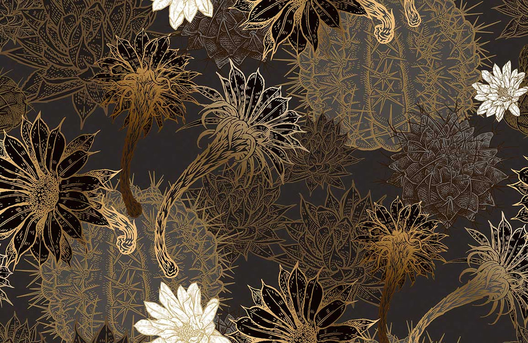 Luxurious Gold and Black Botanical Floral Pattern Wallpaper for Modern Interiors
