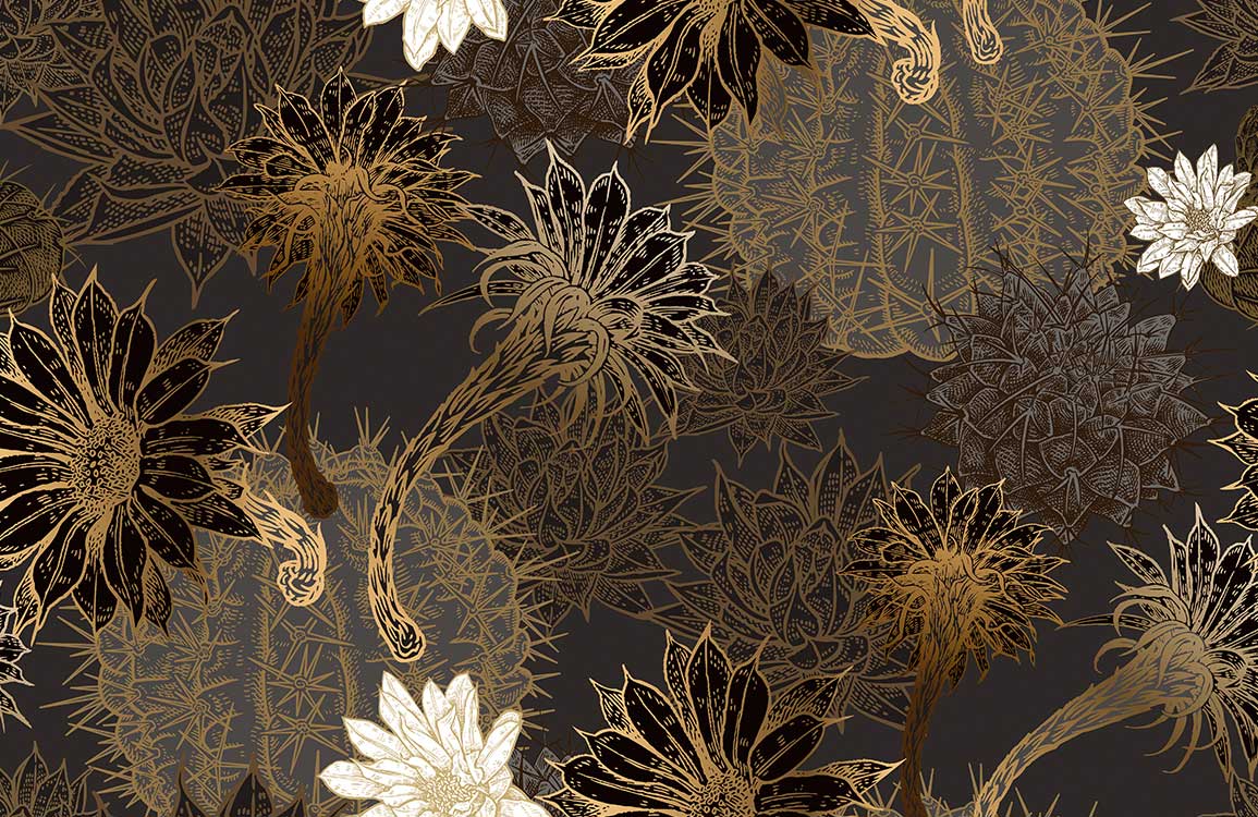 Luxurious Gold and Black Botanical Floral Pattern Wallpaper for Modern Interiors