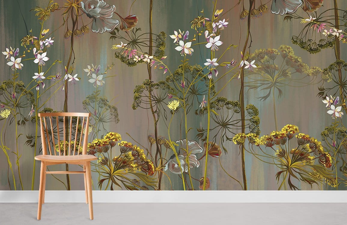 Vintage botanical wallpaper with rich green tones, wooden chair, grey flooring; floral mural design.