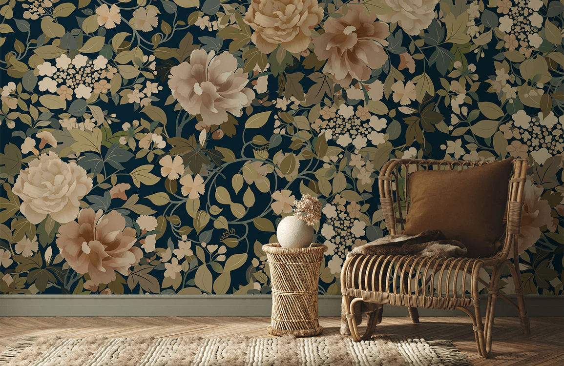 Elegant navy floral mural wallpaper, soft pastel blooms, wicker chair, rustic flooring, living room decor.