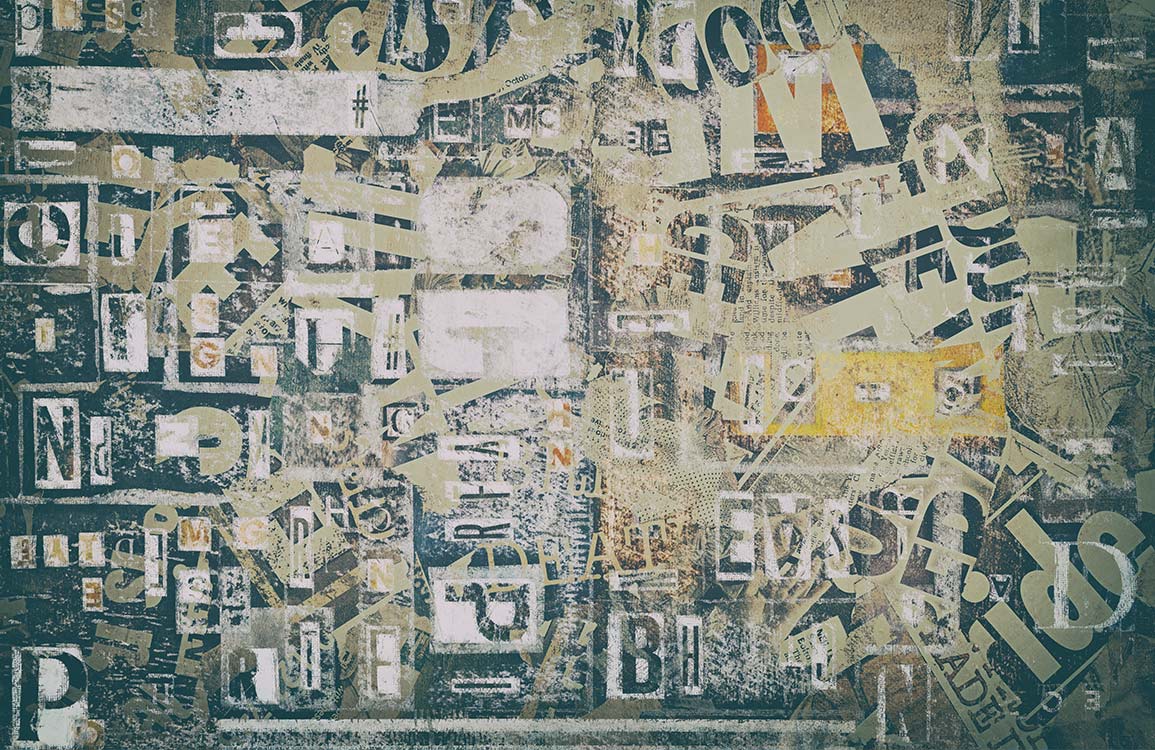 Vintage Typography Collage Mural Wallpaper in Rustic Green Tones