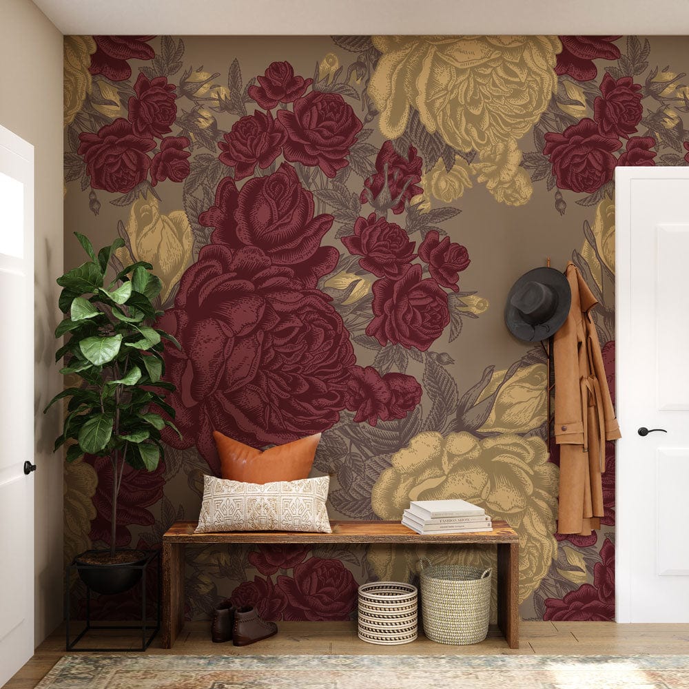 Vintage Floral Elegance: Burgundy and Cream Botanical Pattern Wallpaper ...