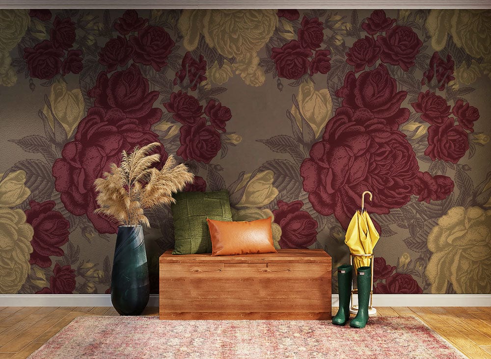 Burgundy and cream floral wallpaper, wooden bench, mustard coat, green wellies on wooden flooring.