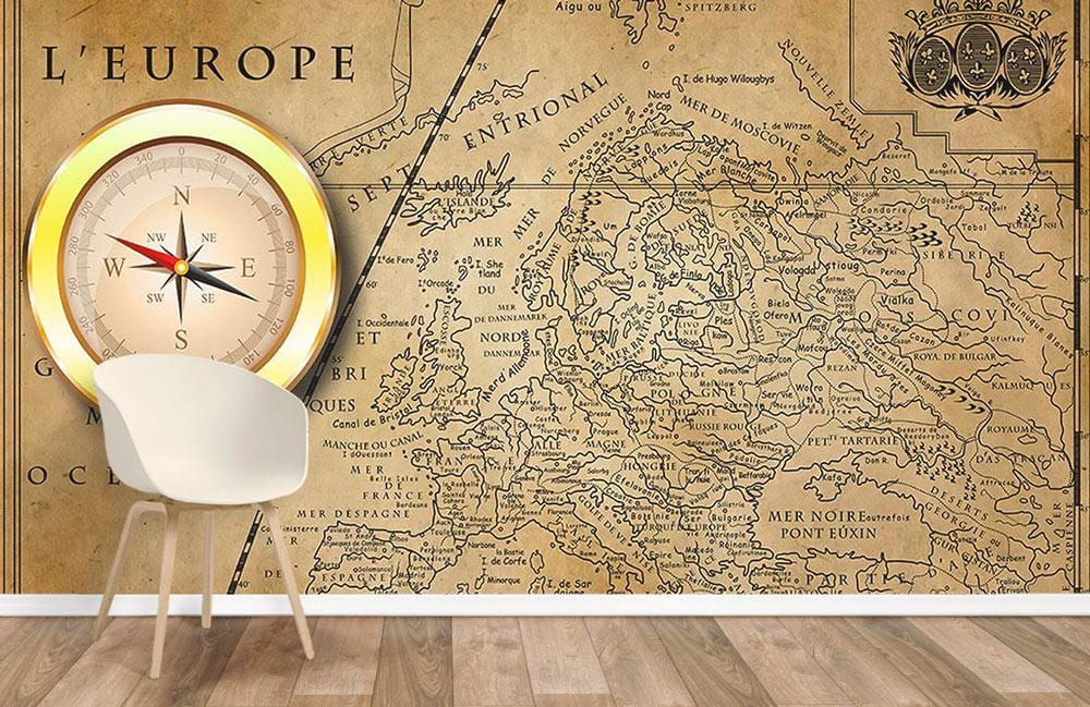 Vintage Map and Compass wallpaper mural home office