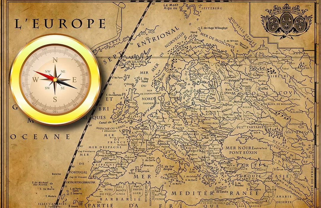 Vintage European Map Mural Wallpaper - Antique Brown Nautical Compass Design