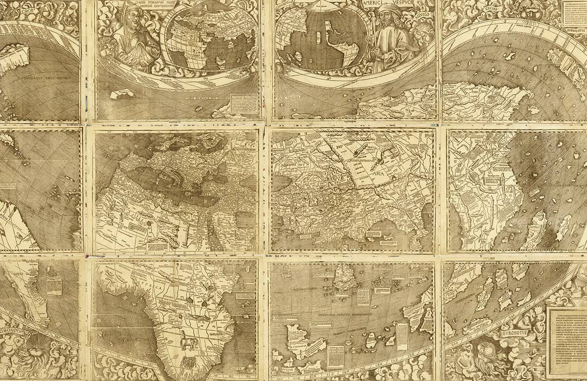 Vintage World Map Mural Wallpaper in Sepia Tones for Classic Decor