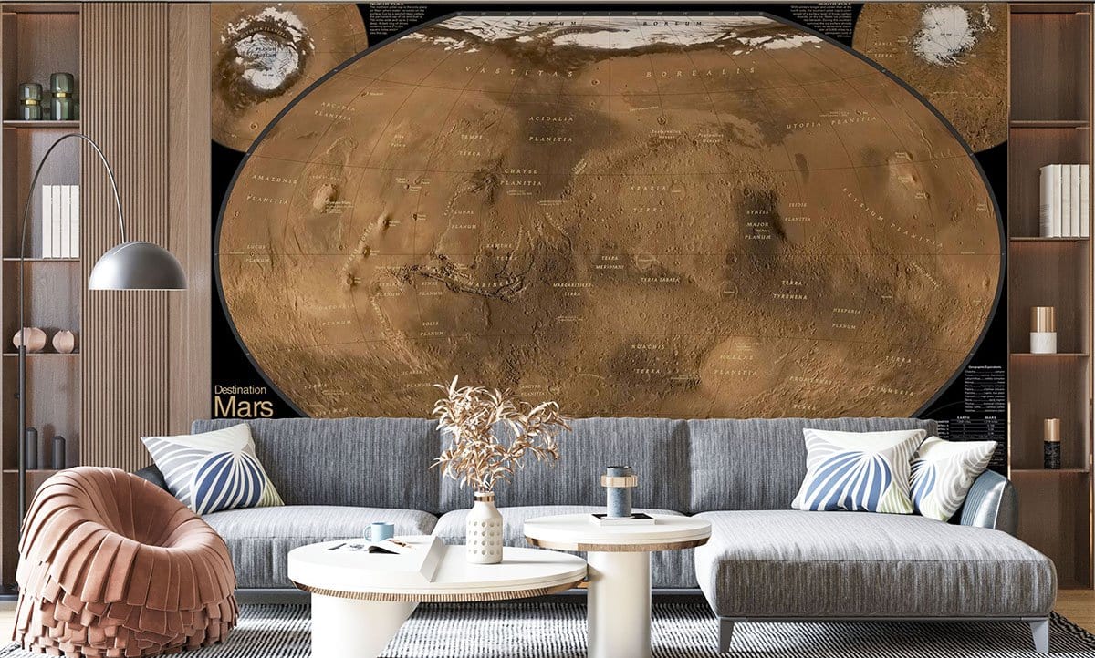 Rustic Mars mural with grey sofa, modern decor, wooden shelving, and earthy tones in living room.