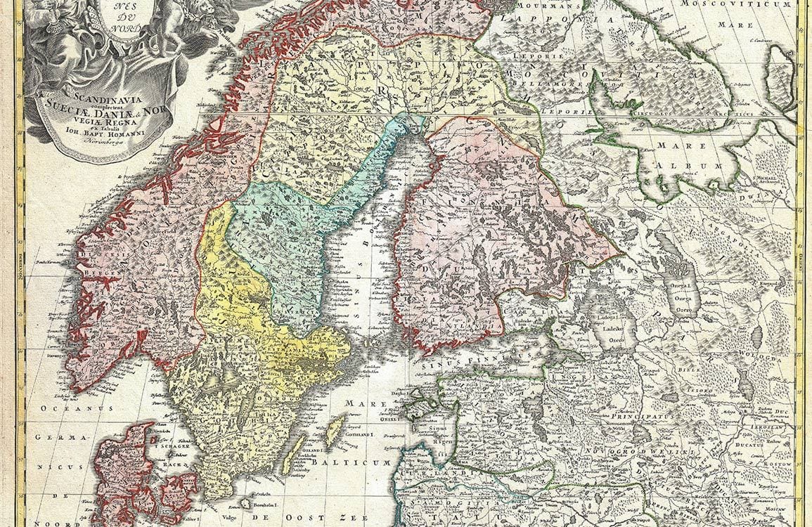 Vintage Scandinavian Map Mural Wallpaper in Antique Earthy Tones Style