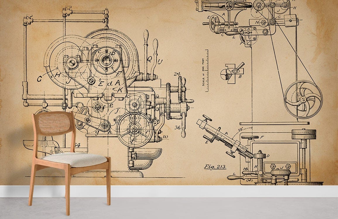 Classic Vintage Industrial Blueprint Wallpaper in sepia tones, featuring a wooden chair on grey flooring.