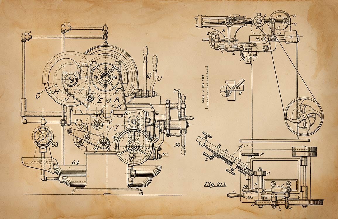 Classic Vintage Industrial Blueprint Wallpaper - Steampunk Mechanical Design in Sepia Tones
