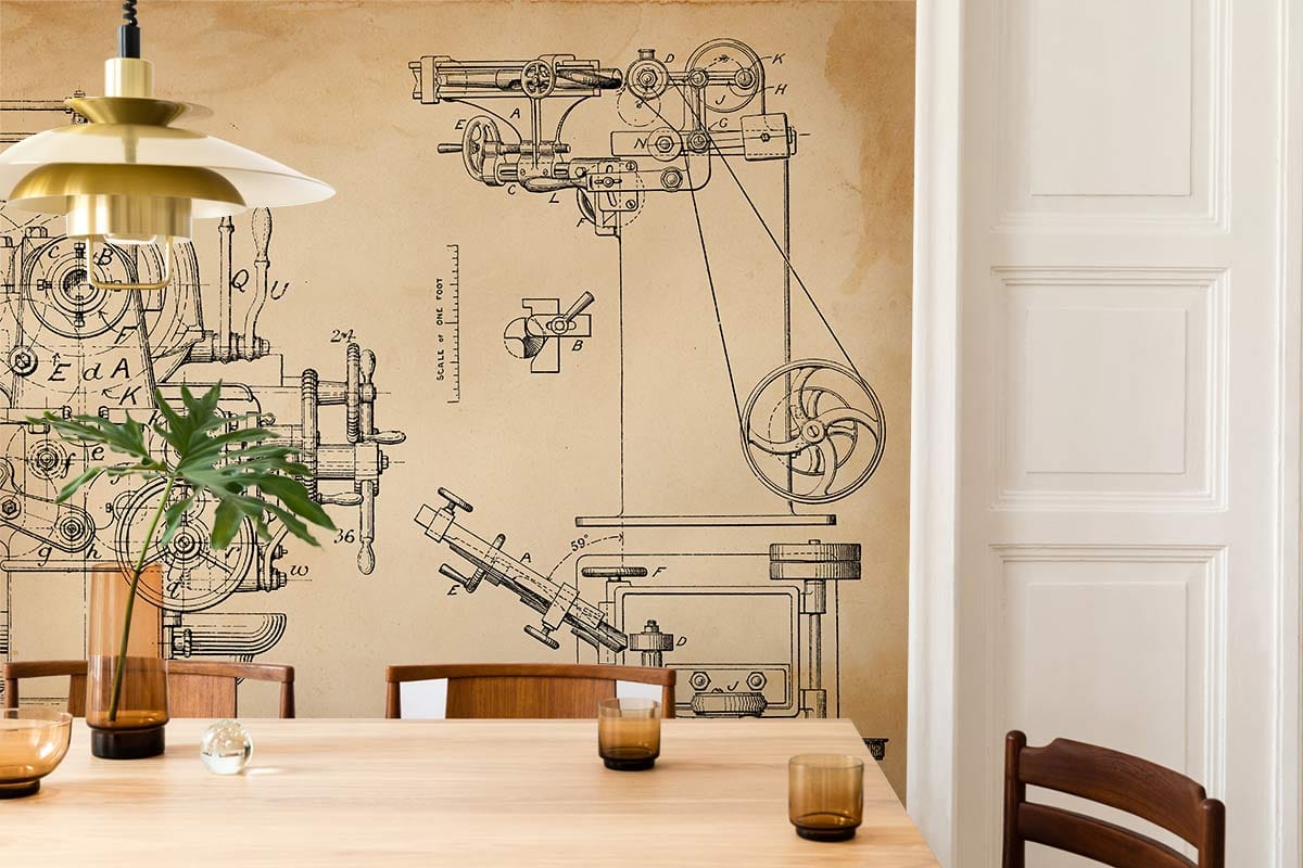Classic Vintage Industrial Blueprint Wallpaper with steampunk design, dining room decor, sepia tones, wooden chairs.