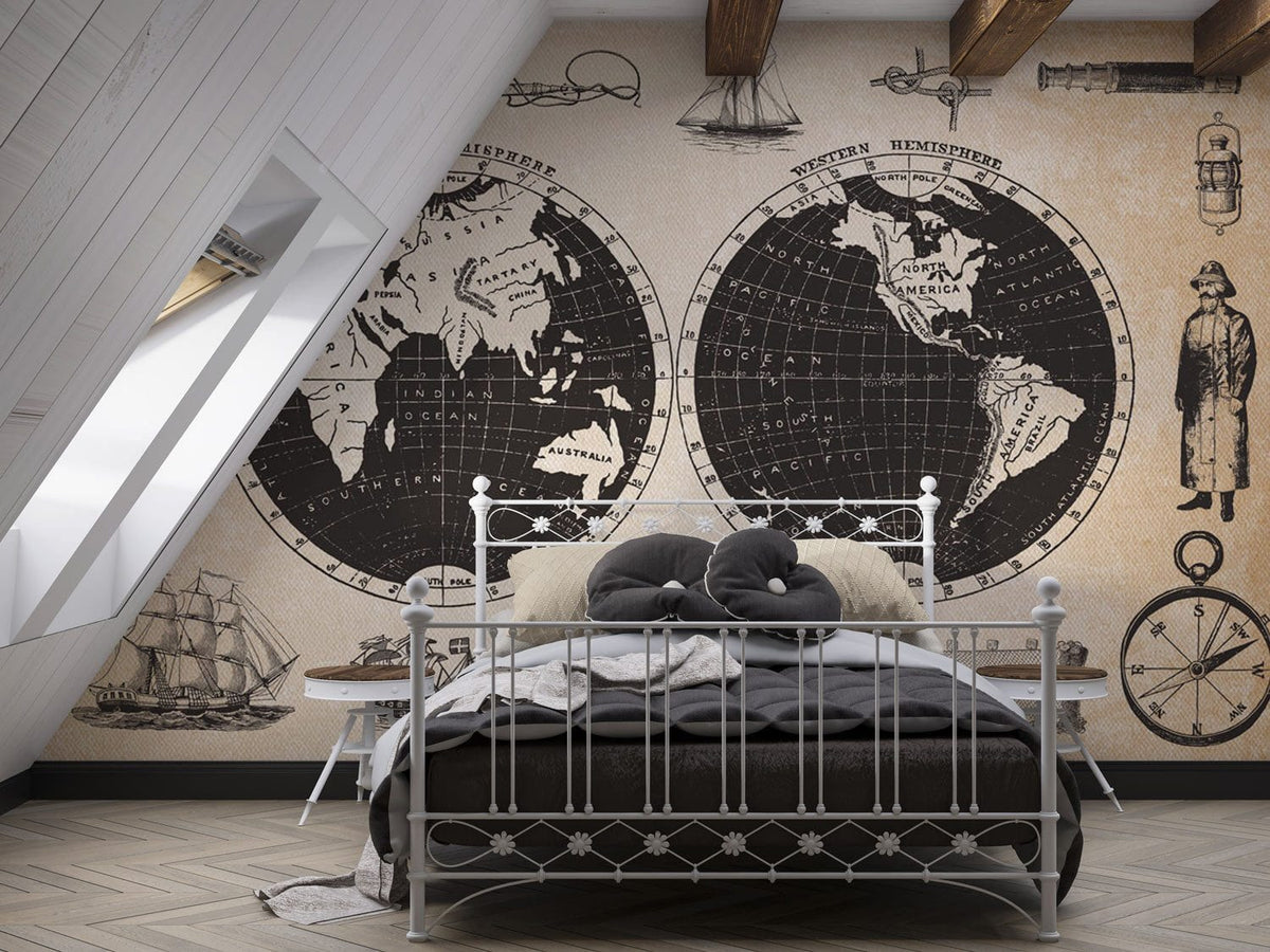 Vintage Nautical Map Mural in sepia tones, metal bed frame, attic room with wooden beams, map design.