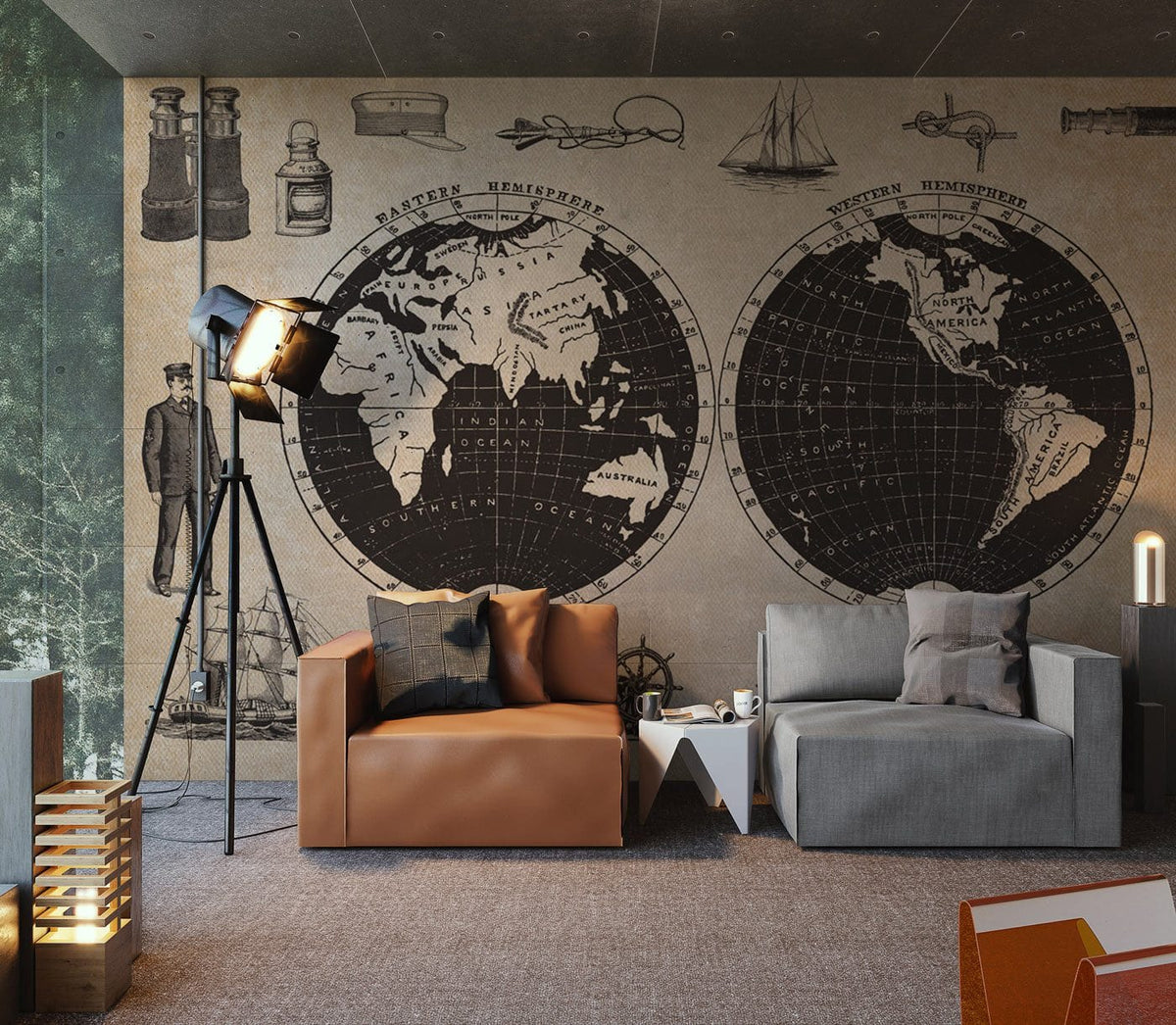 Vintage nautical map mural with sepia tones, brown and grey sofas, industrial living room lighting.