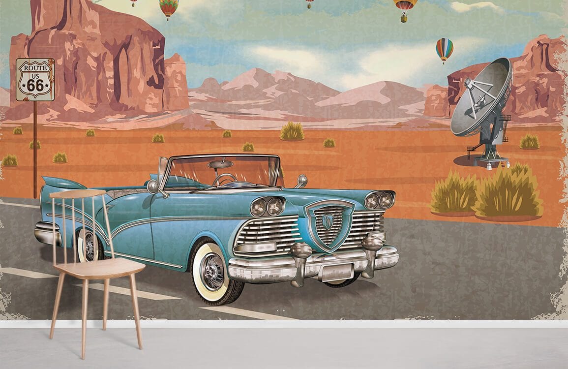 Vintage convertible car mural with Route 66 sign and hot air balloons, wooden chair, beige flooring.