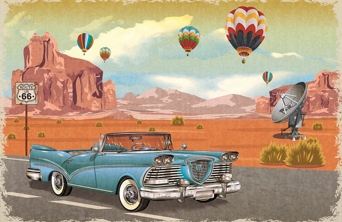 Vintage Americana Route 66 Retro Car Mural with Hot Air Balloons
