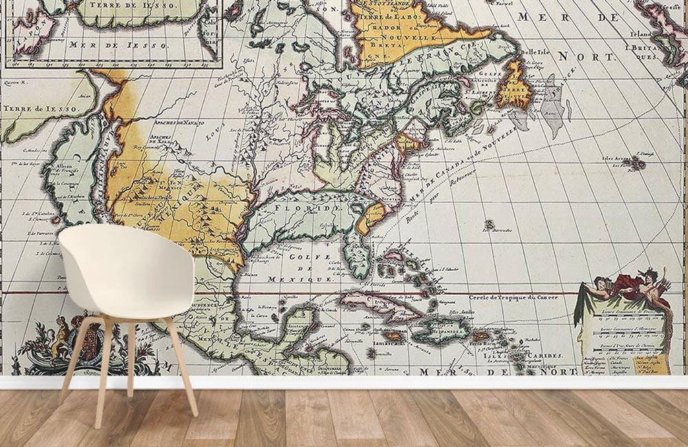 Vintage map mural wallpaper in earthy tones, historical elegance, with modern white chair, wooden flooring.