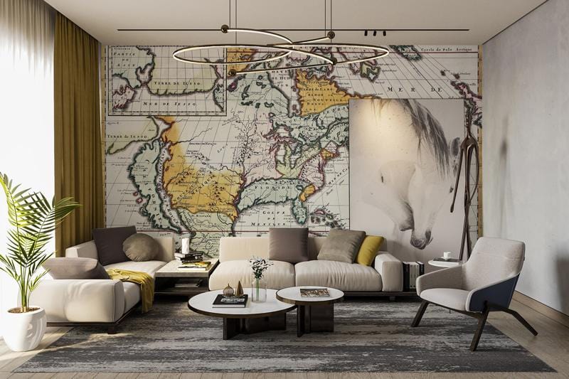 Vintage map mural wallpaper in earthy tones, modern lounge, neutral sofas, artistic decor, light wood flooring.