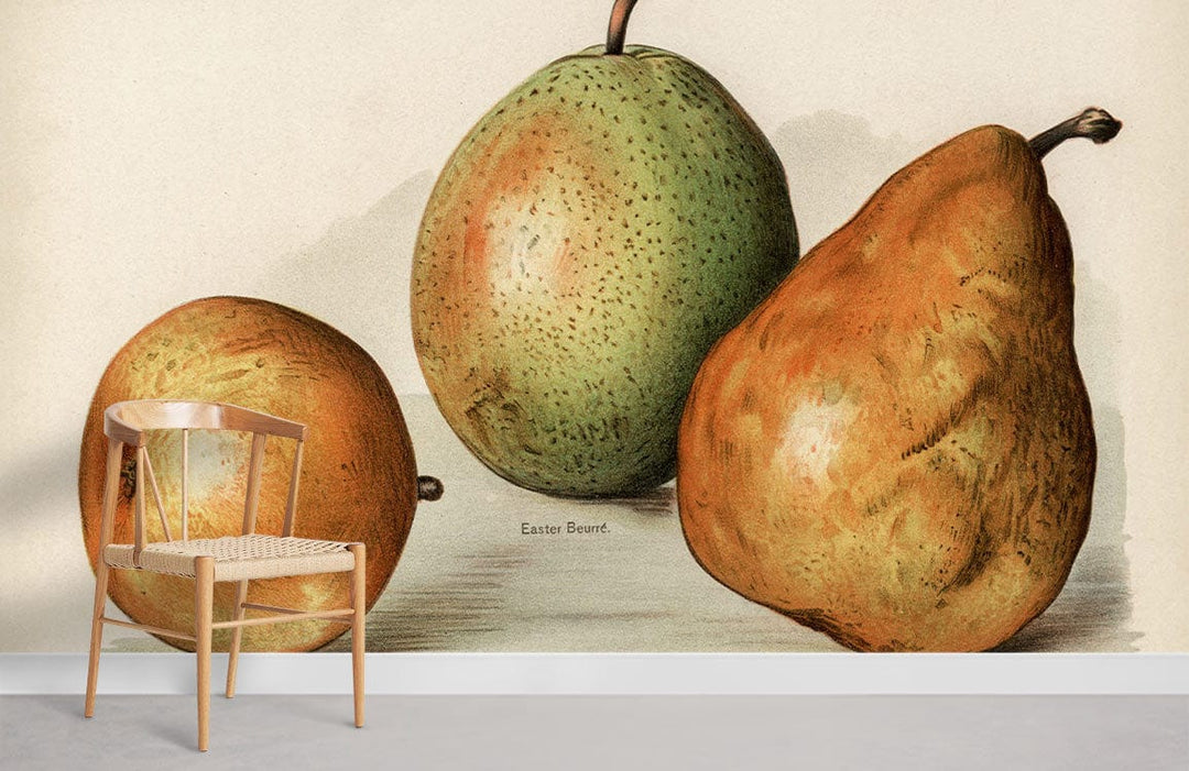 Vintage Pear Botanical Print Wallpaper with wooden chair, grey flooring, classic design.
