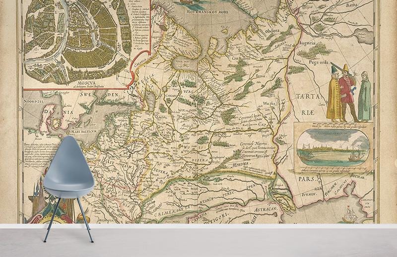 Vintage Antique Map Mural Wallpaper, beige nautical theme, mid-century modern chair, minimalistic white flooring.