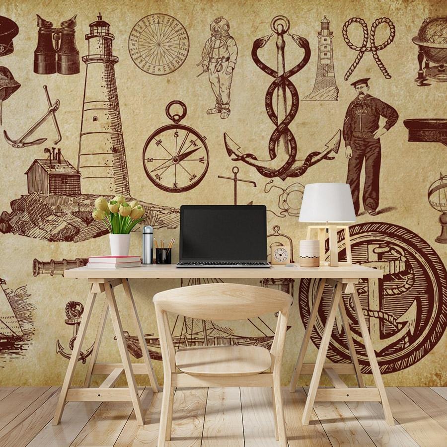 Vintage nautical wallpaper features lighthouses, sailors; wooden desk, chair in the study; sepia tones.
