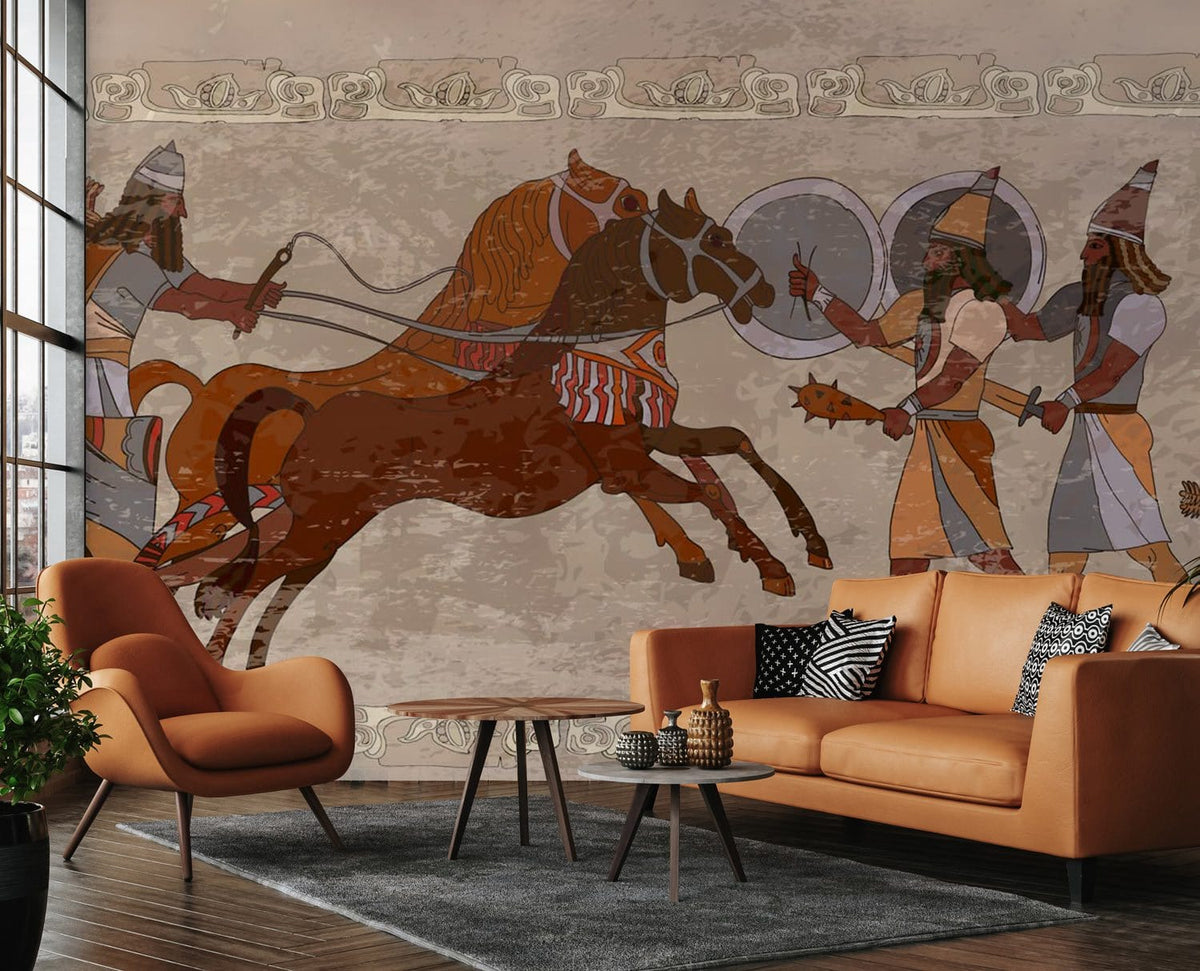Ancient Warrior Mural Wallpaper in earthy tones with brown sofa, wooden flooring, and chic decor.