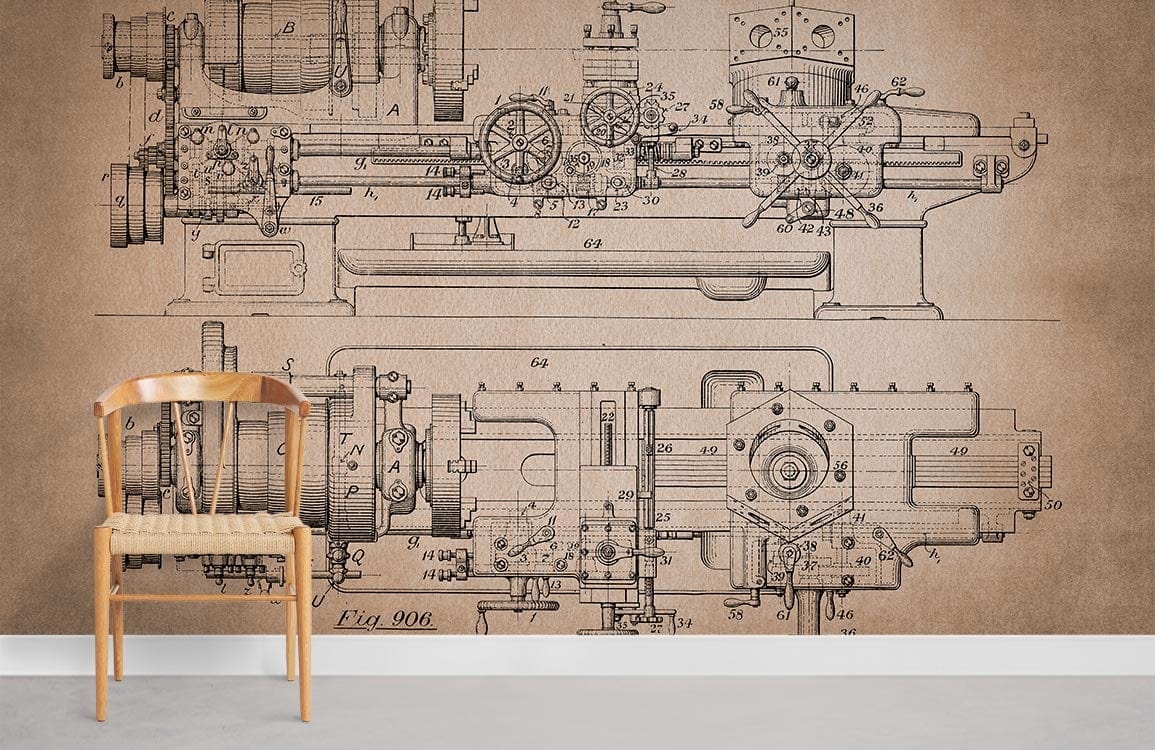 Vintage Industrial Blueprint Mural Wallpaper with wooden chair; steampunk design and concrete flooring.