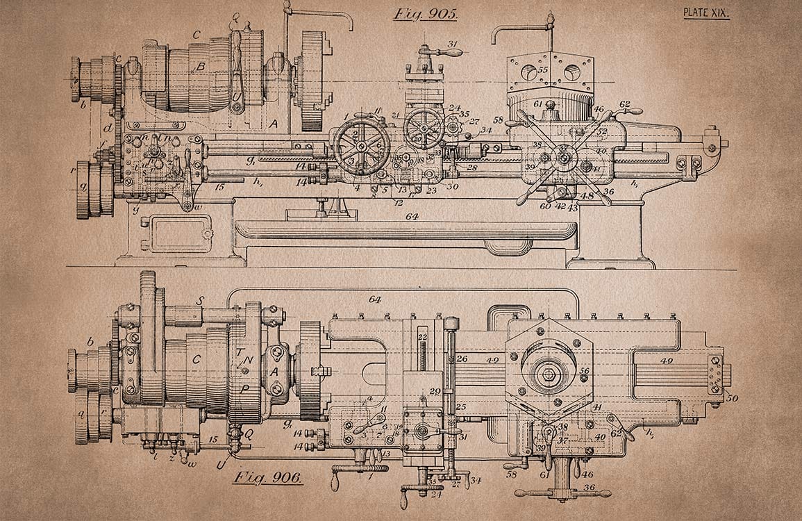 Vintage Industrial Blueprint Mural Wallpaper - Sepia Tones, Steampunk Design Decor