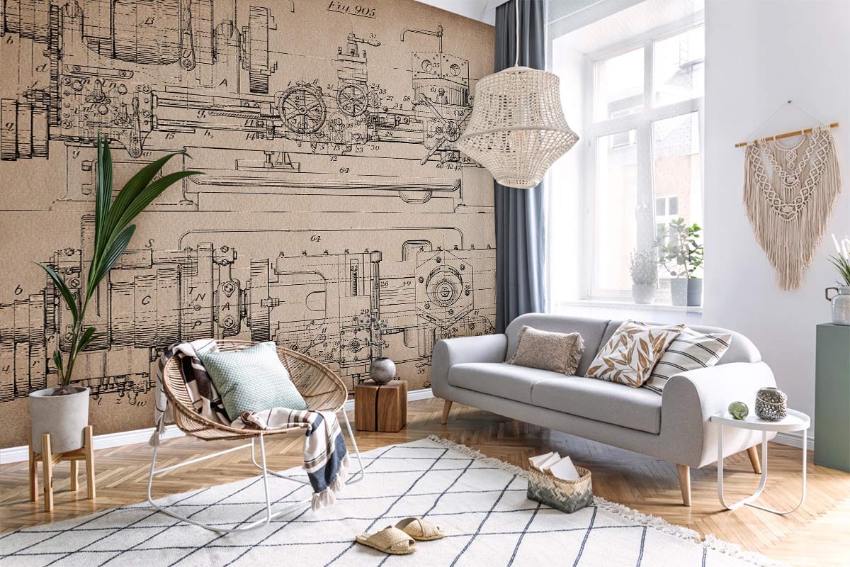 Vintage Industrial Blueprint Mural Wallpaper in cosy living room, grey sofa, hardwood floors, textured decor.