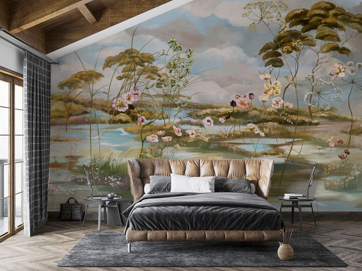 Serene Pastel Landscape Mural Wallpaper in bedroom with velvet bed, chevron flooring, and muted rug.