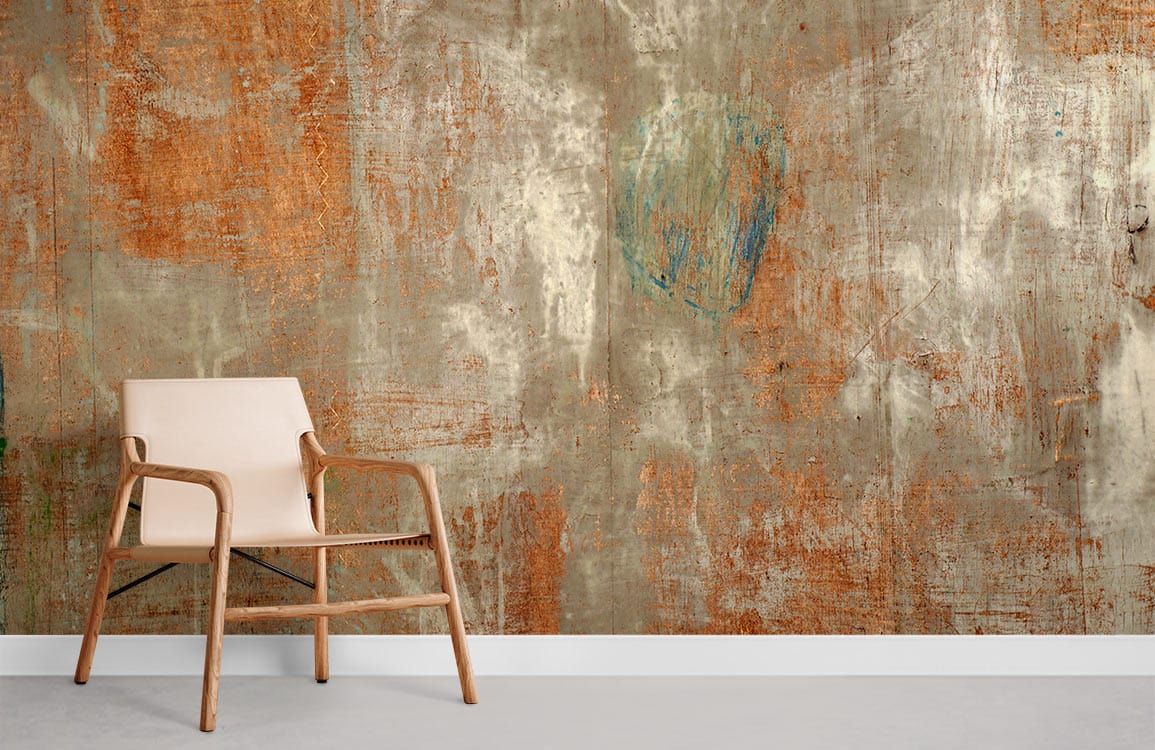 Rustic Earthy Tones Abstract Wallpaper with beige chair on grey floor in industrial-styled room.