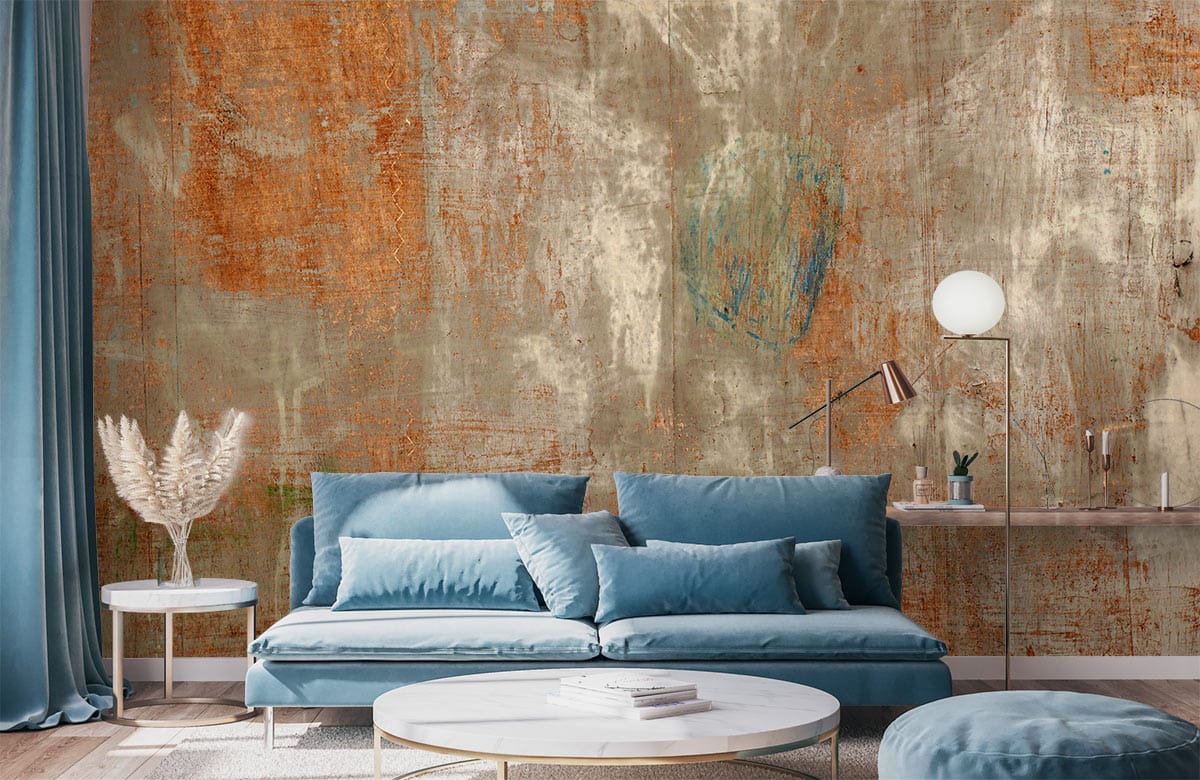 Rustic earthy tones abstract wallpaper in vintage industrial design, blue sofa, modern living room.