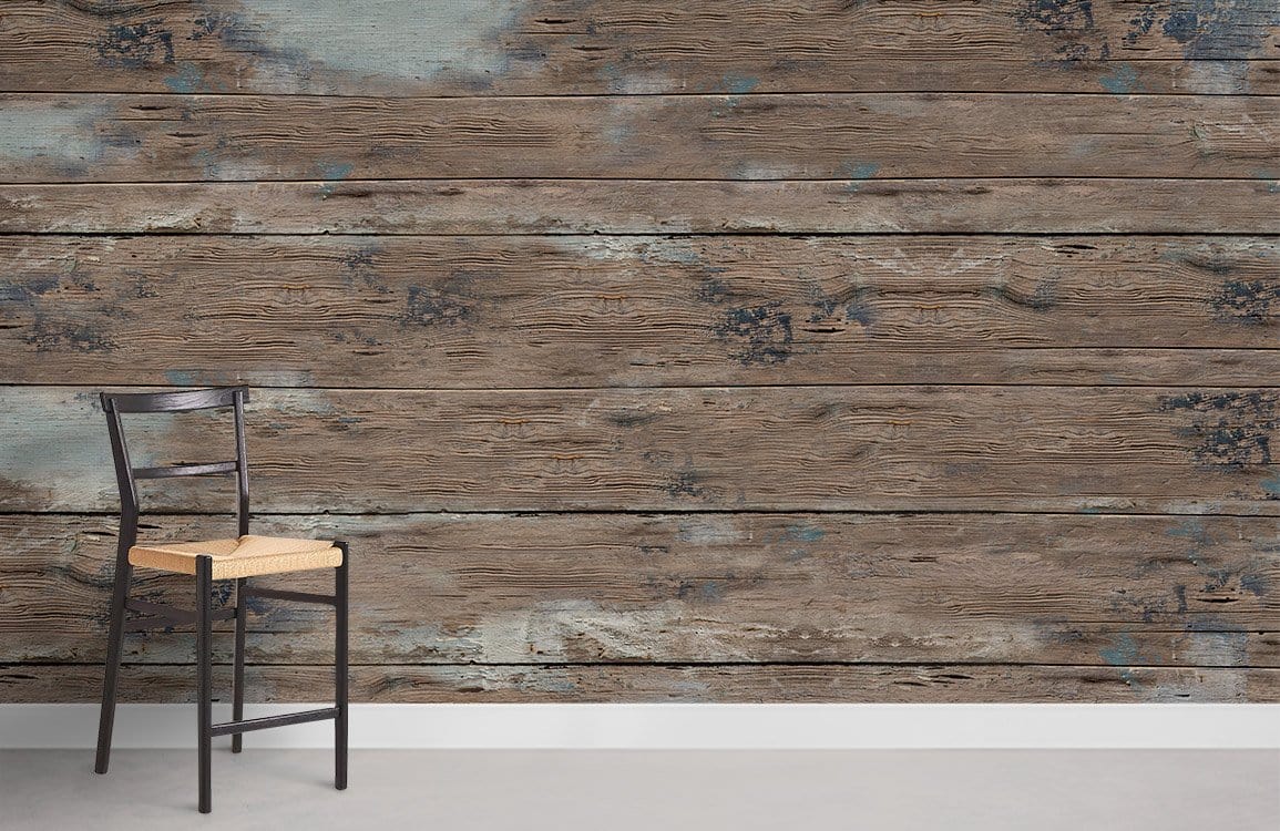 Rustic weathered wood mural wallpaper for vintage interiors, brown tones, black chair, concrete flooring.