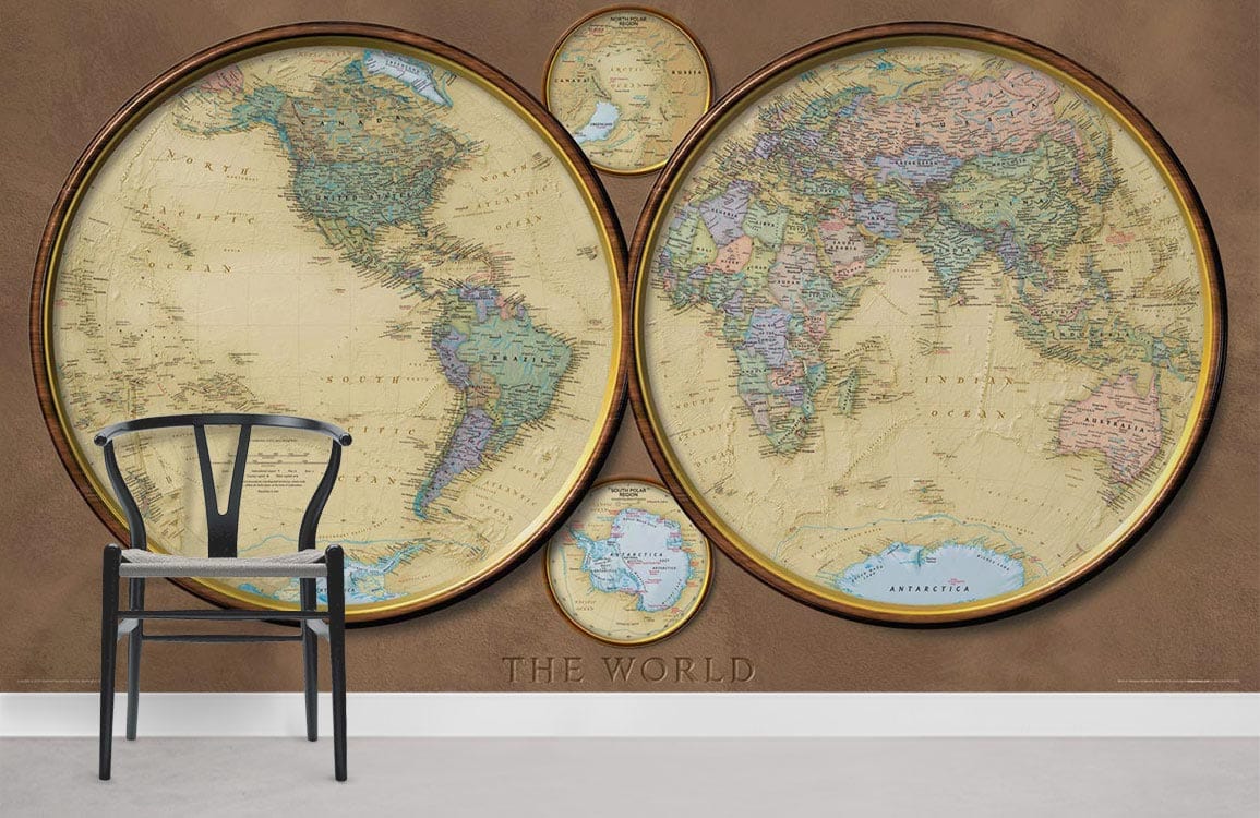 Vintage world map mural wallpaper, earth tones, classic design, brown wall, black chair, grey floor.