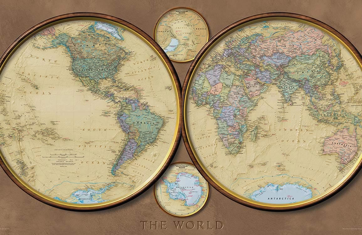 Vintage World Map Mural Wallpaper, Earth Tones, Classic Global Design