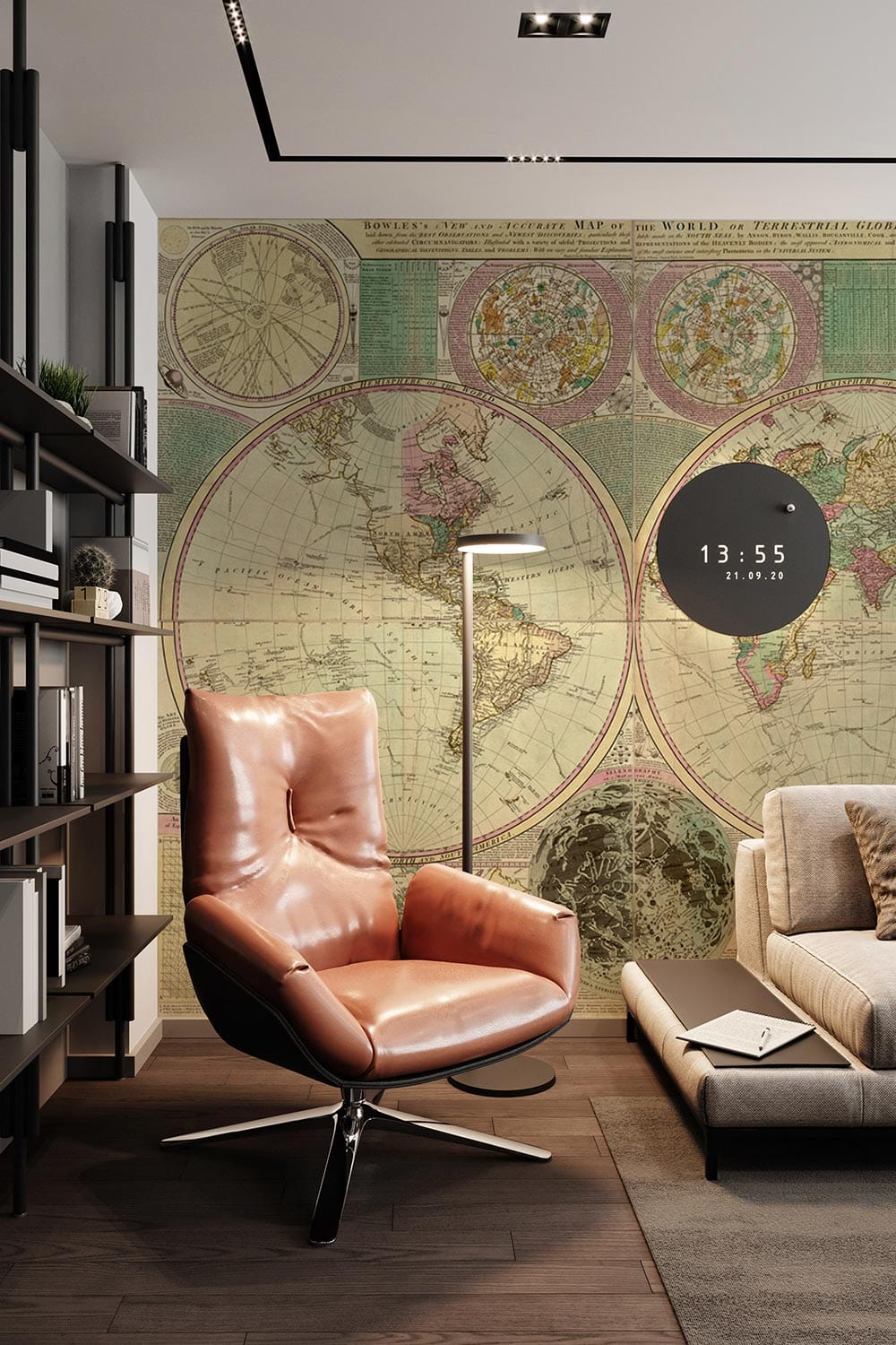 Vintage world map mural wallpaper in antique tones, modern armchair, beige sofa, wooden flooring.