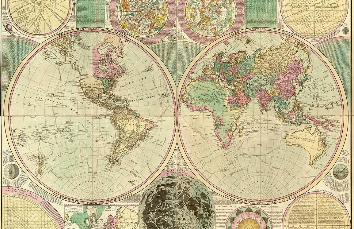 Vintage World Map Mural Wallpaper in Antique Earth Tones Design