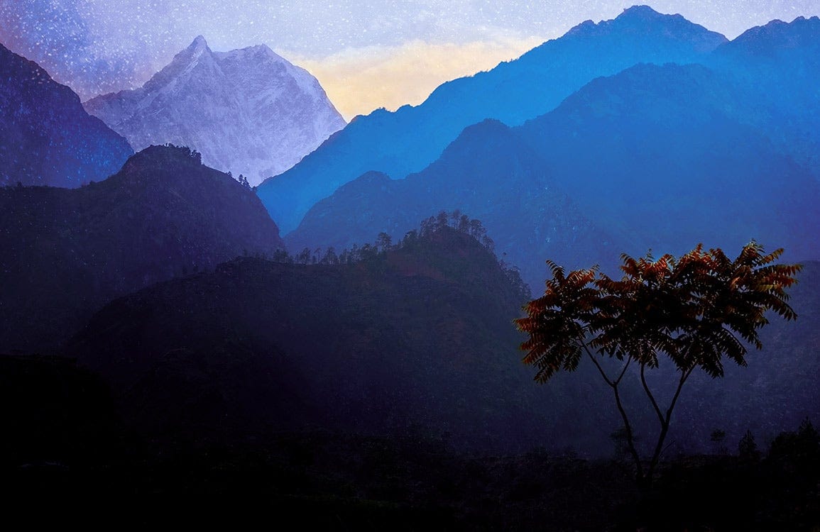 Mystical Mountain Landscape Mural Wallpaper with Blue and Purple Hues