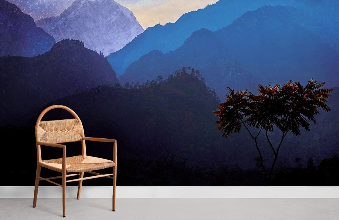 Mystical Mountain Mural with chair, blue and purple design, minimalist room, mountain art wallpaper.