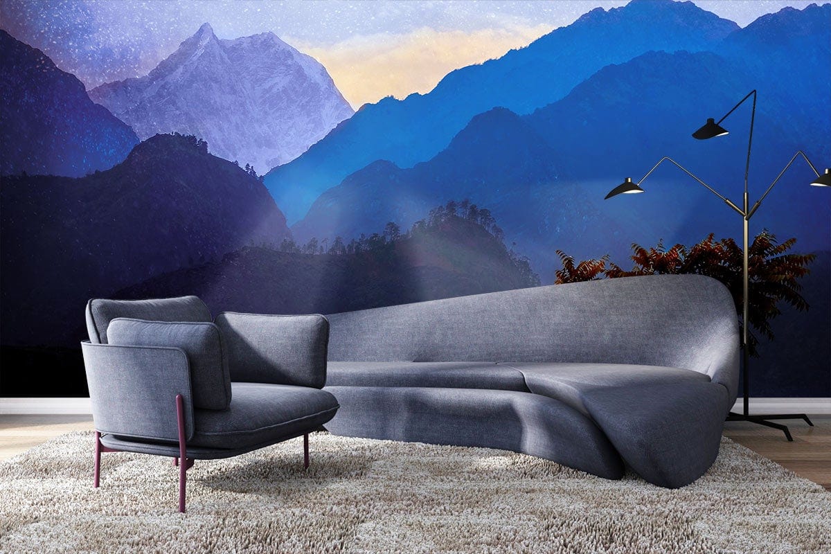 Mystical mountain mural with blue purple hues, grey contemporary sofa, modern lamp, beige carpet flooring.