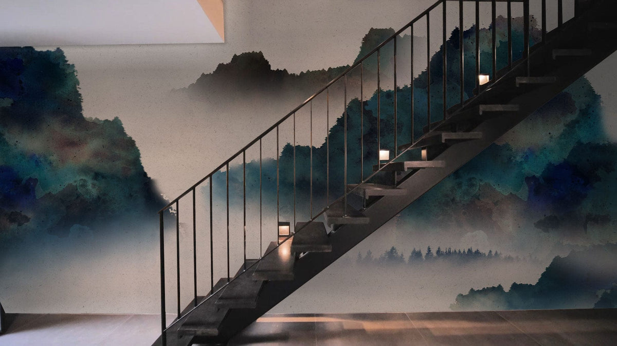 Serene Watercolour Mountain Mural, rich blue-green hues, staircase, modern interior, dark wood flooring.