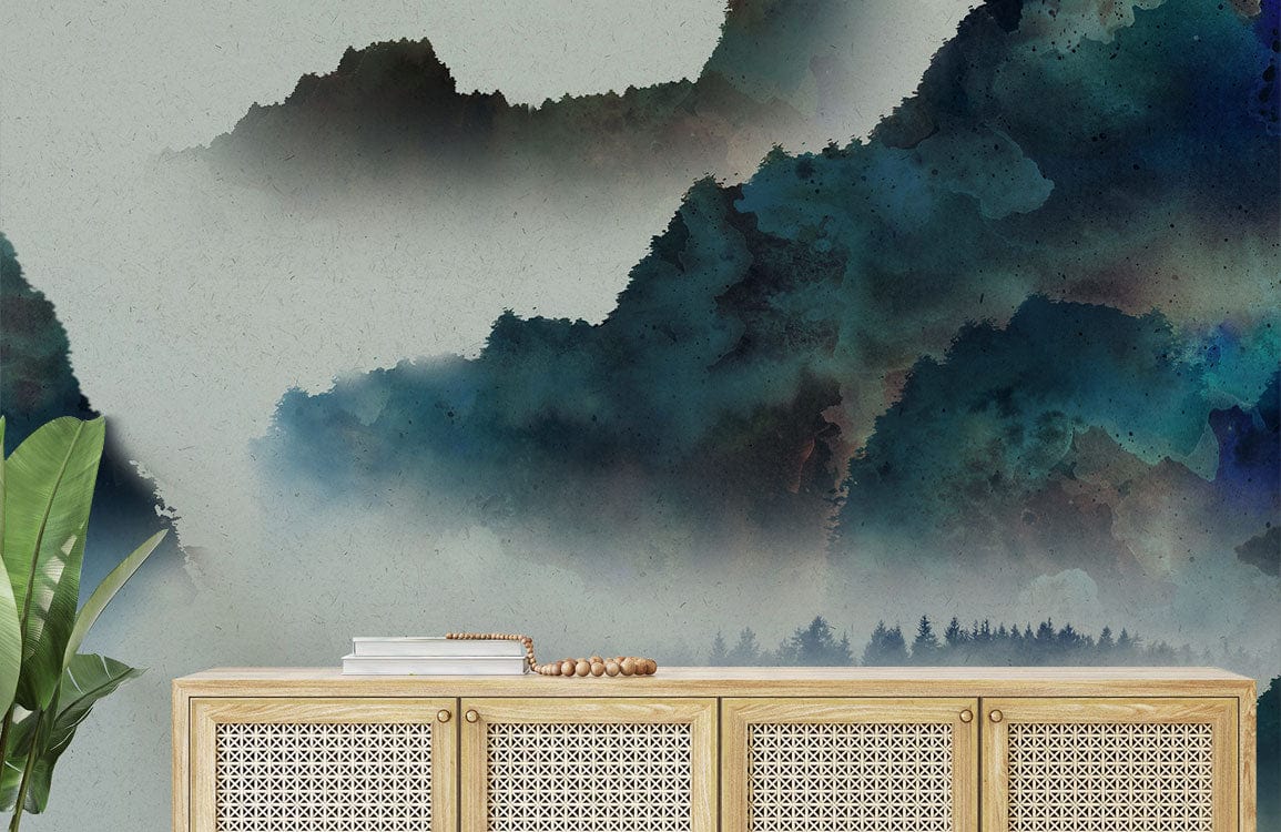 Serene Watercolour Mountain Landscape Mural Wallpaper with wooden sideboard, rich blue-green hues.