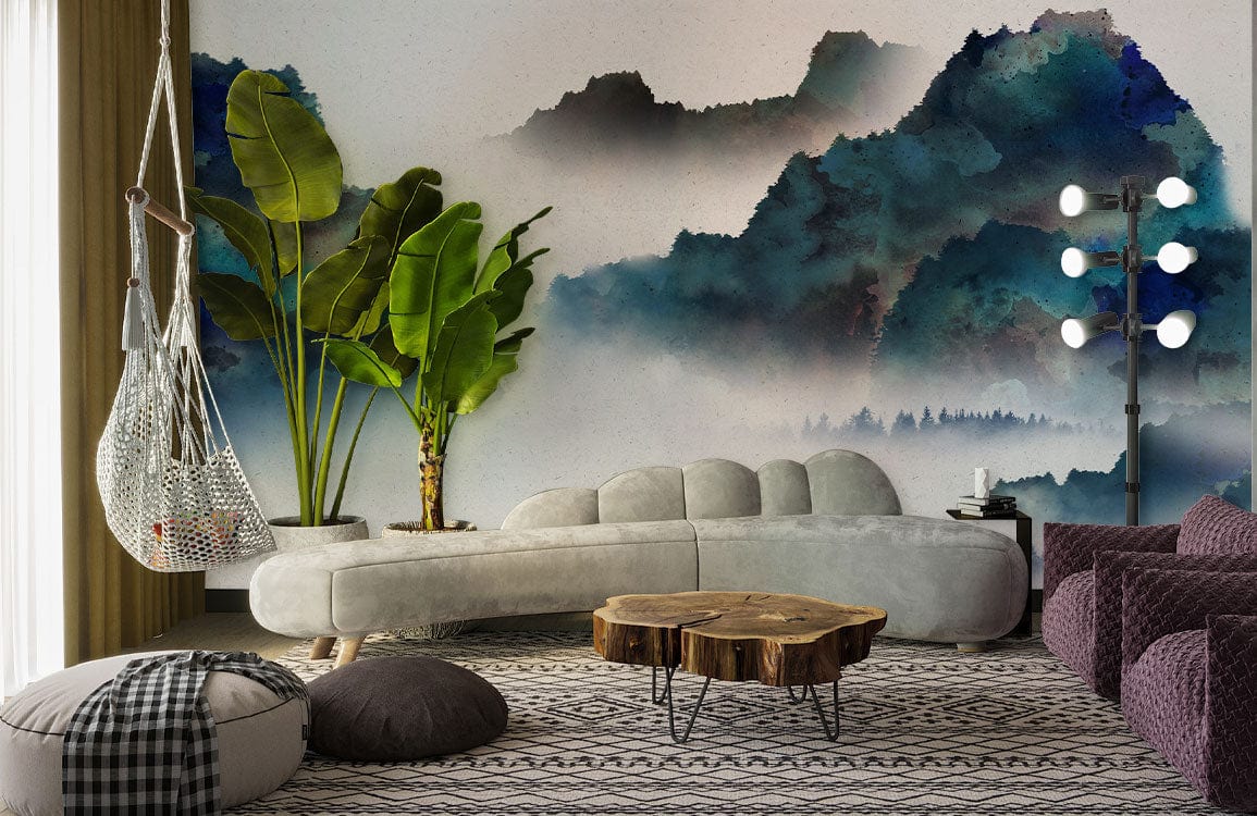 Luxurious lounge with watercolour mountain mural, curved grey sofa, wooden table, patterned rug, floor lamp.