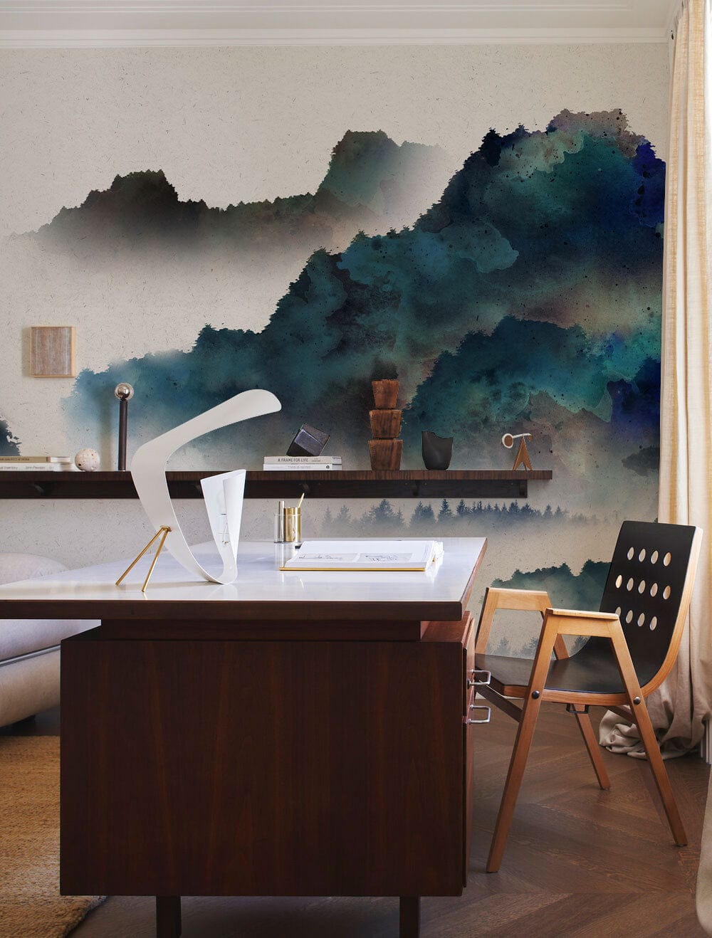 Serene Watercolour Mountain mural in a modern office with wooden desk, black chair, and carpet flooring.