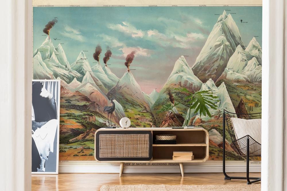 Vintage Volcanic Mountain Landscape Mural in living room with light wood flooring and retro sideboard.