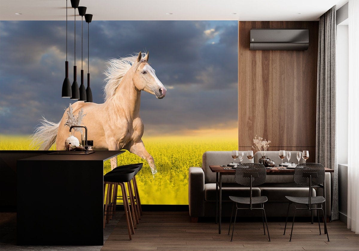 Golden Horse in Meadow Mural Wallpaper - Scenic Nature Artwork Design